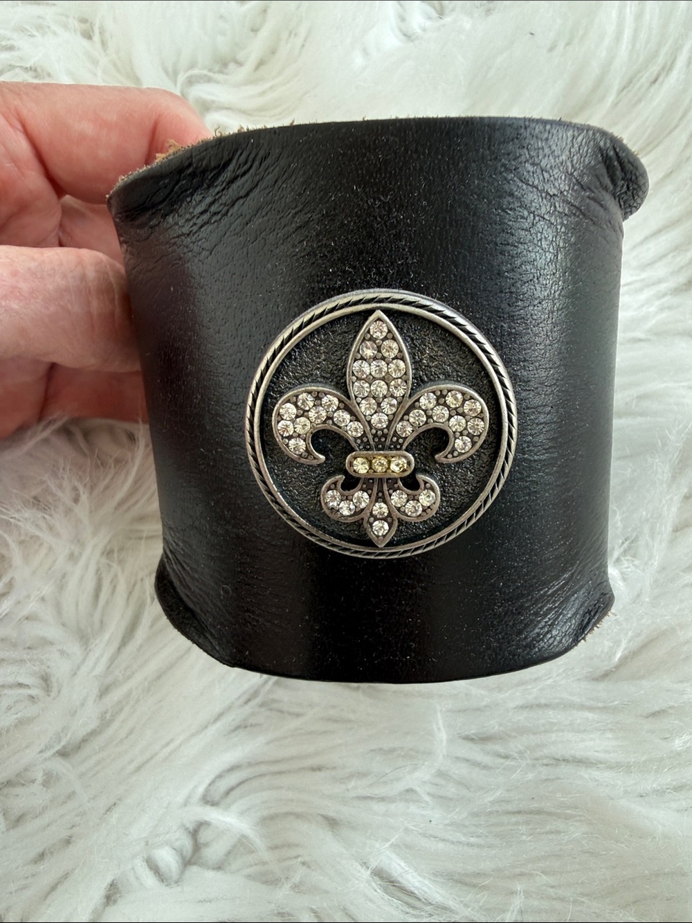 Black Leather Cuff Bracelet with Rhinestone Fleur-de-Lis